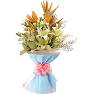 Impressive 4 white asatic lilies & bird of paradise